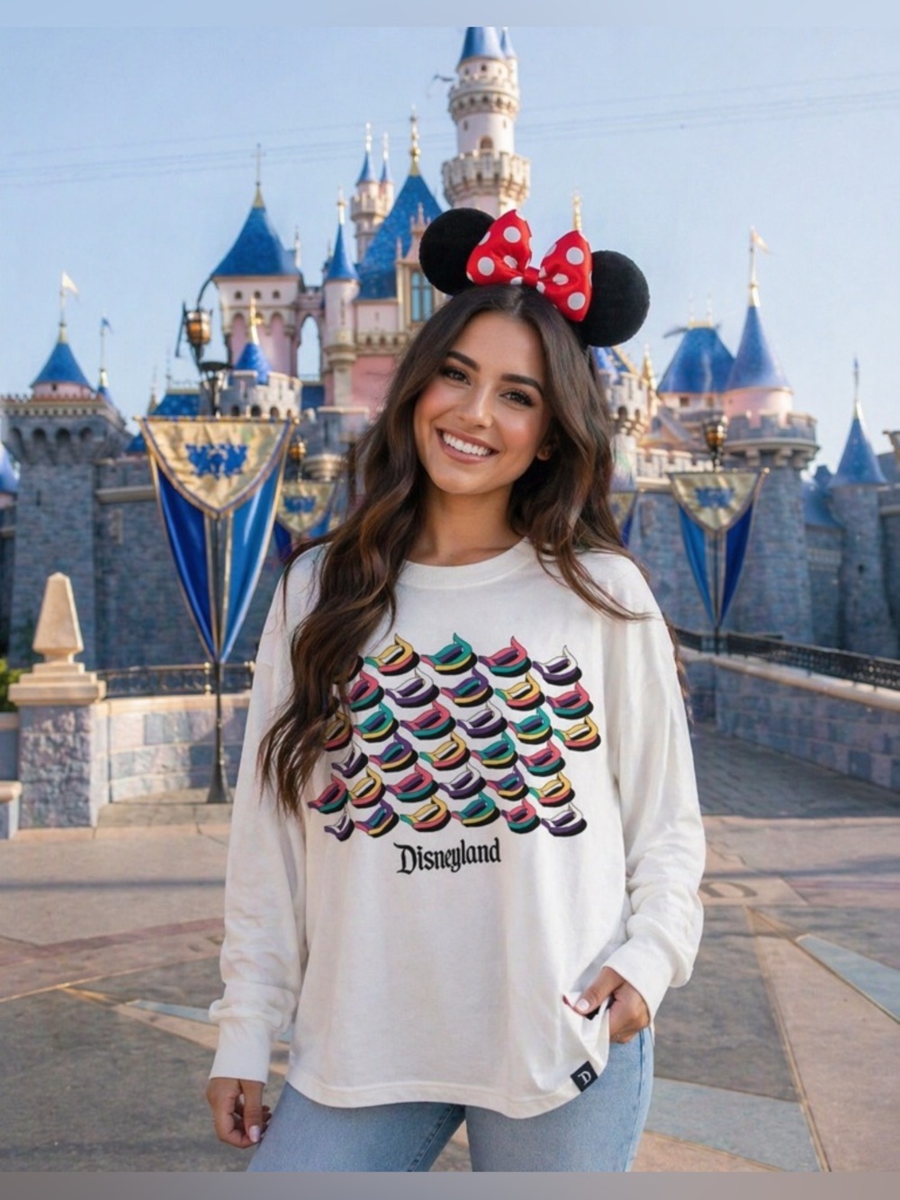 Disneyland White Long Sleeve Tee with Colorful D Pattern Size Small NWOT
